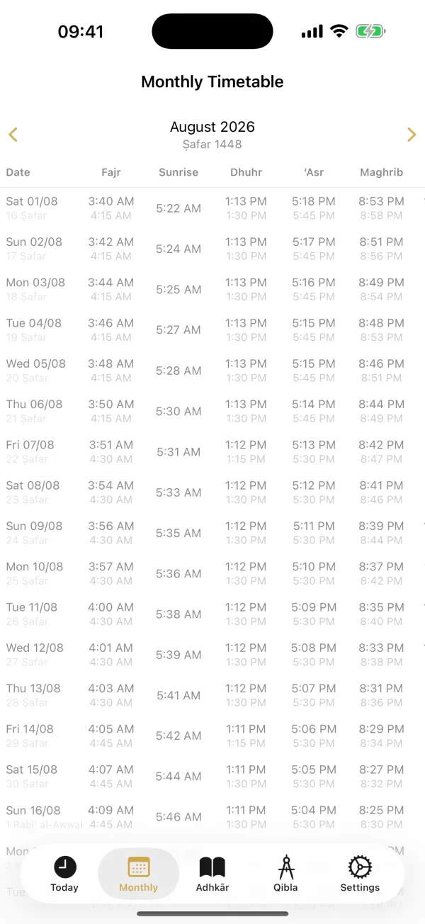 Musalli Monthly screen with prayer and congregation times