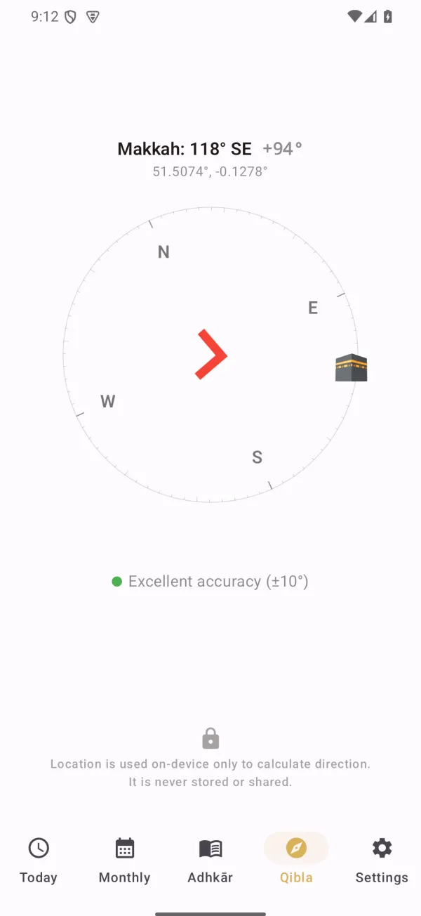 Musalli Qibla compass showing the direction to Makkah